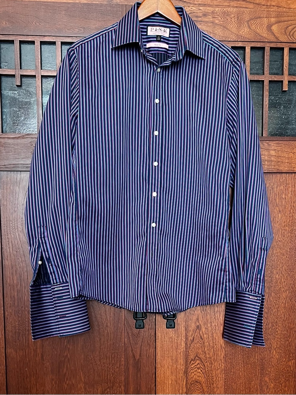 Thomas Pink Men's Navy Blue, Red, Grey, White Stripe Dress Shirt w/french cuffs